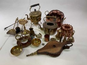 A box of assorted brass and copper ware including teapots, bellows, jelly mould etc.