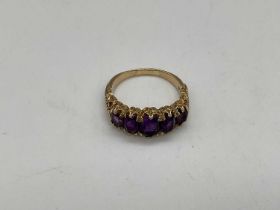 A 9ct yellow gold amethyst five stone dress ring, size P (resized), approx 4.4g.