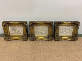 Three reproduction rectangular plaques, plaque 13 x 17.5cm, frame 22 x 28cm.