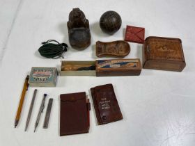 An interesting group of collectors' items, including a carved bear ashtray, small box, pen nibs