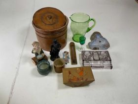 A box of miscellaneous metal, glass and stoneware.