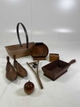 A group of treen including a wooden trug, rustic bird scarer, church collection box etc.