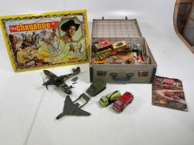 A collection of vintage toys contained in a suitcase including Dinky, Corgi, Matchbox and Airfix,