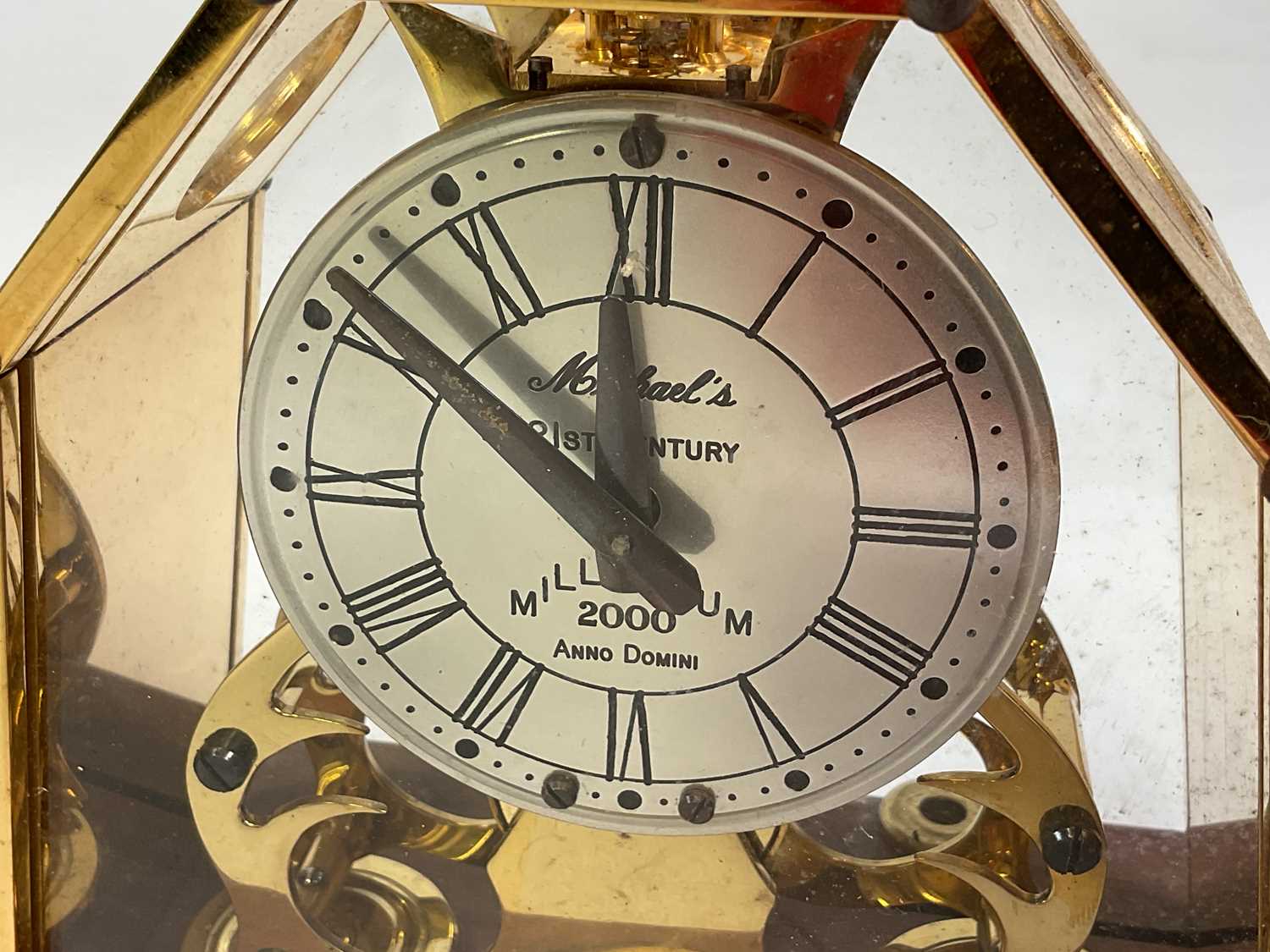 A Michael's 21st Century Millennium 2000 brass skeleton clock, with glazed and brass case and oak - Image 5 of 6