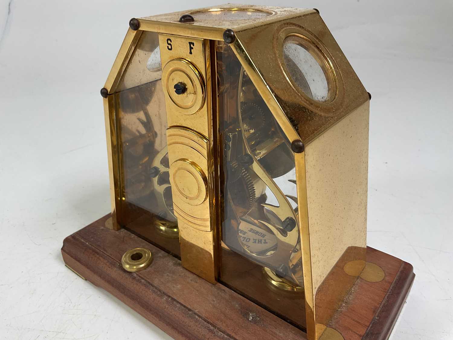 A Michael's 21st Century Millennium 2000 brass skeleton clock, with glazed and brass case and oak - Image 3 of 6