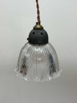 A clear holophane wavy rim pendant light with metal gallery, diameter 16cm.