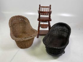 A doll's metamorphic high chair, height 47cm, and two vintage dolls' cradles, one on rockers.