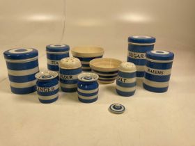 T. G. GREEN; Cornishware storage jars, caddies, sifters and pudding bowls with green and black