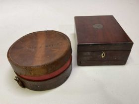 A 19th century mahogany travelling box, a leather collar box with collars and a Lawson fishing reel