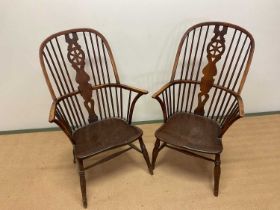 Pair of mid 19th century ash and elm high back Windsor elbow chairs (2)
