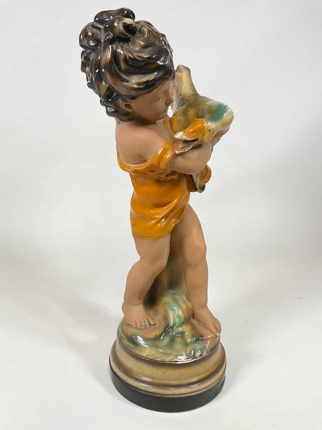A large chalk statuette with plaque to base 'Girl & Duck', ref 272, height 63cm,( In original - Image 2 of 6