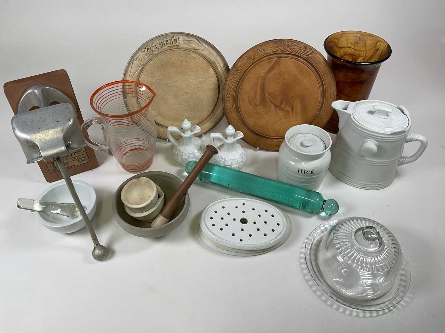 A quantity of kitchenalia including glass rolling pin, pestle and mortars, storage jar, glass cheese - Image 2 of 2