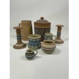 DOULTON LAMBETH; a collection of stoneware items, height of lidded storage jar 23cm (8)