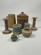 DOULTON LAMBETH; a collection of stoneware items, height of lidded storage jar 23cm (8)