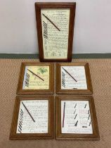 Five contemporary framed and glazed pictures, each containing a dip pen and a selection of nibs