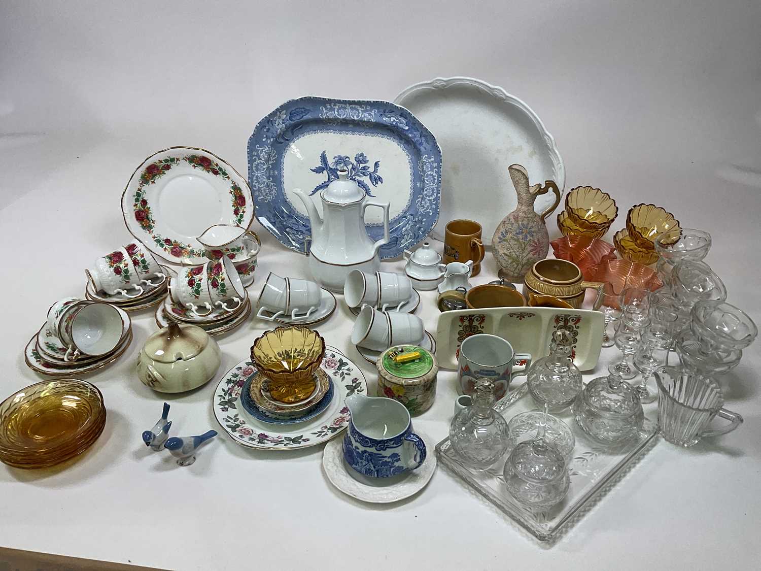 A quantity of ceramics and glass including a Spode platter, Sylvac onion pot and USSR ornamental