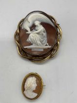 A large Victorian cameo brooch depicting Leda and the Swan within a gold plated frame, 70 x 60mm,