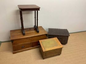 A metal bound small domed trunk, a beaten brass clap bin, a mahogany occasional table and a side