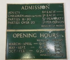 A Ministry of Works Admission sign, together with an Opening Hours sign, both painted in matching