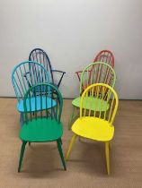 ERCOL; six hoop back chairs including two carvers, later painted in turquoise, navy, orange,