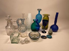 A quantity of glass including coloured glass vase, two weights, decanter etc.