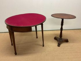 A 19th century tripod table and a demi-lune card table with baize insert. (2)