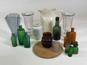 A collection of assorted ceramics and glass comprising pharmaceutical bottles, glass vases, Numol