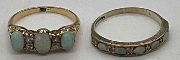 An Edwardian yellow metal opal and diamond ring, size J 1/2, and a 9ct yellow gold opal and