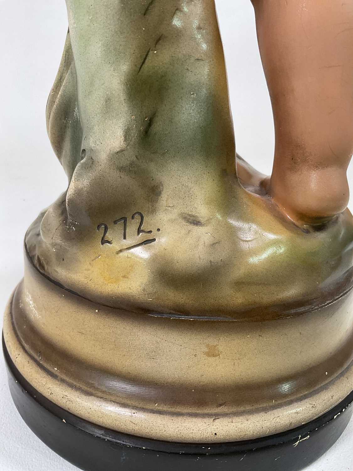 A large chalk statuette with plaque to base 'Girl & Duck', ref 272, height 63cm,( In original - Image 6 of 6