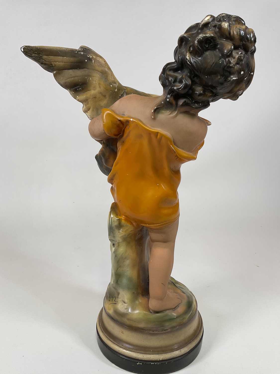 A large chalk statuette with plaque to base 'Girl & Duck', ref 272, height 63cm,( In original - Image 3 of 6
