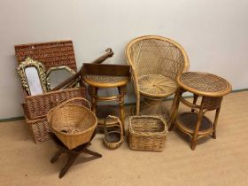 A collection of basket work and similar items, including two picnic baskets, a pair of circular