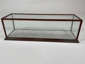 A glass and wood display case, height 15cm, width 49cm, depth 16 cm.