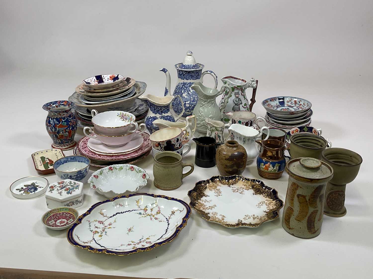 A quantity of ceramics to include studio pottery, Royal Crown Derby, Doulton and other 19th