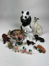 A group of ceramics including a large Italian figure of a panda, a Vienna bowl, flamingo group etc.