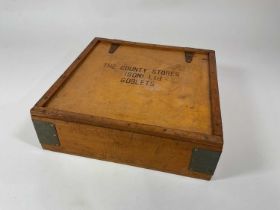 A wooden crate stamped 'County Stores', (formerly in Taunton), for transporting goblets, height 14.