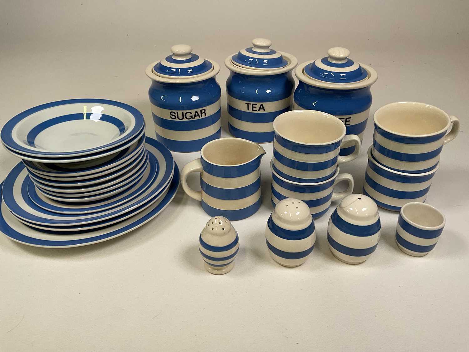 T G GREEN; a quantity Cornishware including storage jars, plates, bowls etc, with Judith Onions