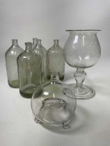 A 19th leech jar, height 30cm, also a 19th century glass wasp catcher together with five Continental