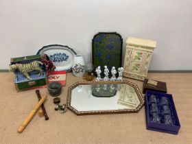 A collectors' lot including a Steiff zebra, vintage flags, a mirror, papier mache tray,