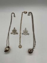 MASONIC INTEREST; two silver orb necklaces, a 9ct gold pendant and two brooches