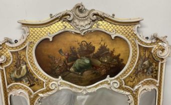 A large circa 1900 Venetian wall mirror with painted detail and gold and cream painted frame, height