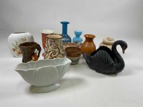 Mixed ceramics comprising a Dartmouth black swan planter, a Dartmouth flower trough, Wade vase,