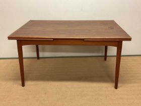 Danish teak dining table, height 75cm, length 145cm unextended, 255cm extended, depth 90cm.