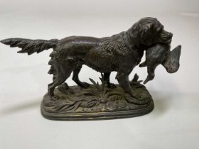 PAUL EDOUARD DELABRIERRE (1829-1912); a bronze figure group of a retriever with duck in his jaw,