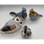 ROYAL CROWN DERBY; paperweights bird models comprising 'Blue Jay' with gold stopper, 'Waxwing'