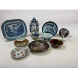 A group of Oriental wares including a Chinese blue and white rounded rectangular platter with