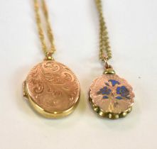 A 9ct yellow gold fine link chain suspending a 9ct gold oval locket, combined approx. 3.9g, and a