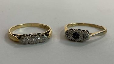 An 18ct yellow gold and illusion three stone diamond set ring, size K 1/2, approx. 1.97g, and a