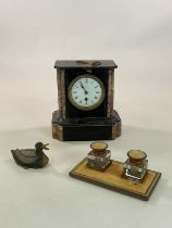 A 19th century slate and marble mantel clock, height 23cm, an Austrian painted metal duck and an