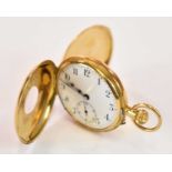 An 18ct yellow gold half hunter fob watch with Roman numerals to the pink enamelled outer dial and