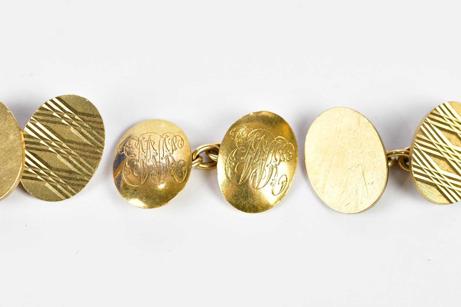 A pair of 18ct yellow gold cufflinks with engraved initials, 15.8g, and a pair of 9ct yellow gold - Image 3 of 3